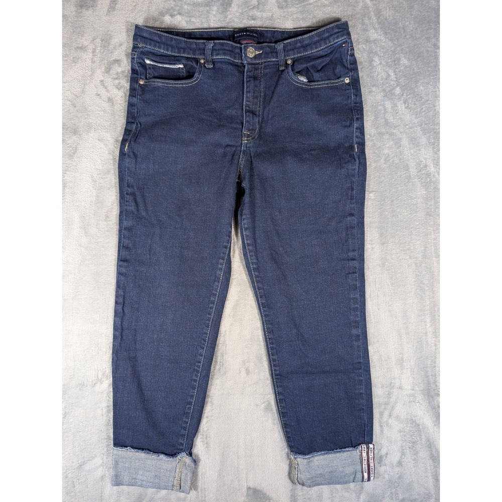 Tommy Hilfiger Tribeca Skinny Jeans Dark Wash Logo Tape Cuff Women Size 14 34X26